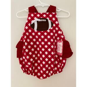NWT Red White Gingham Check Football Bow RicRac & Ruffle Butt Bubble 6-9 Month